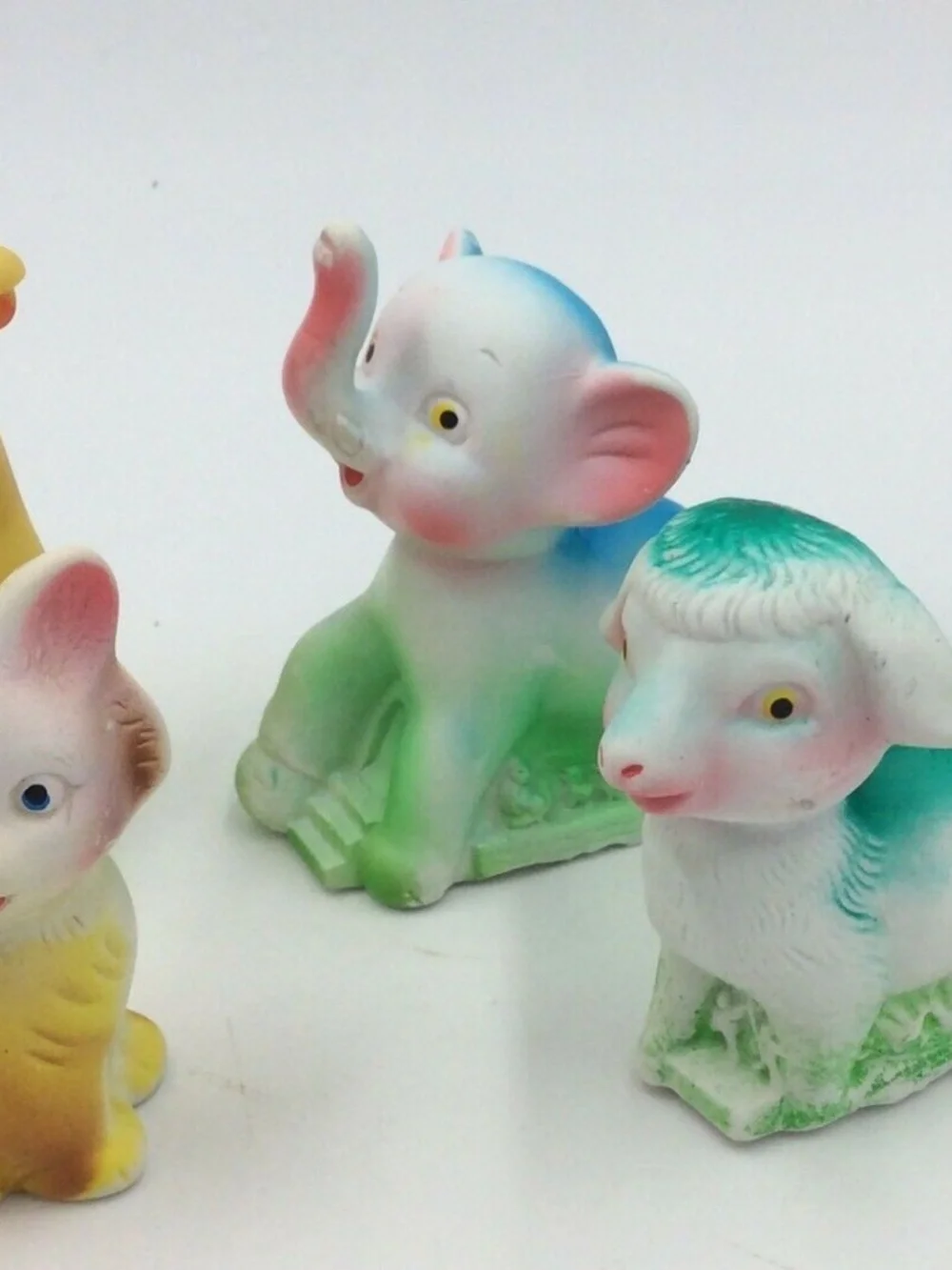 Vintage Taiwan Rubber Squeak Animal Toy Lot Cat Lamb Elephant Giraffe Calf Kitsc